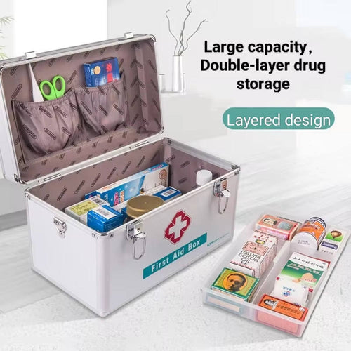 Double-Layer Aluminum Alloy Storage Box with Lock, Handle and Shoulder Strap, Portable Organizer for First Aid Supplies, Medications and Personal Items